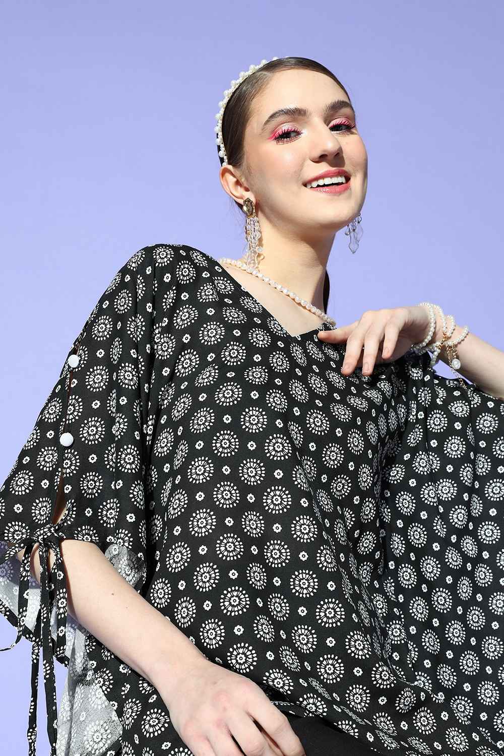 Black Geometric Print Rayon Top