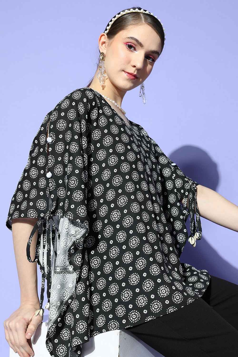 Black Geometric Print Rayon Top