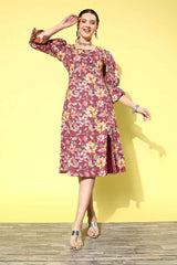 Brown Floral Print Pure Cotton Dress