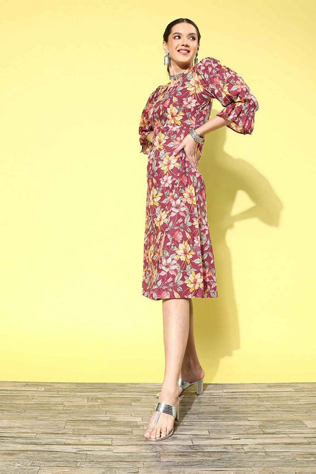 Brown Floral Print Pure Cotton Dress