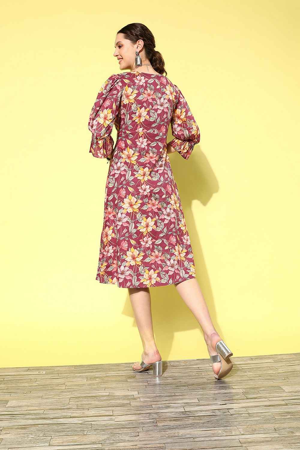 Brown Floral Print Pure Cotton Dress