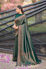 Dark Teal Woven Designer Banarasi Silk Saree