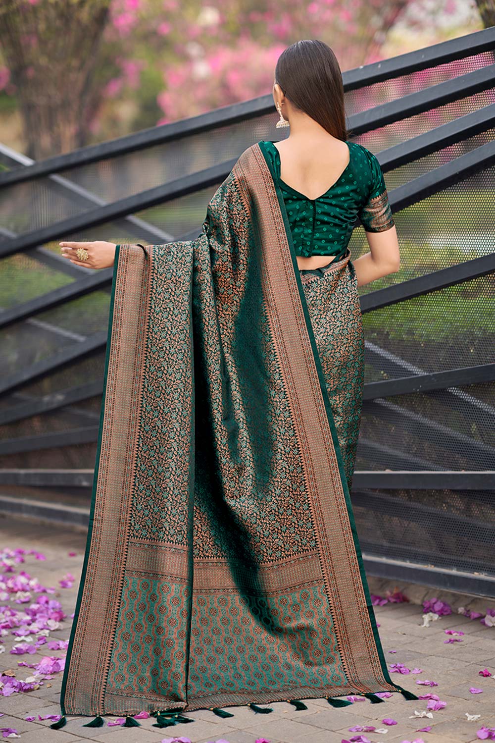 Dark Teal Woven Designer Banarasi Silk Saree