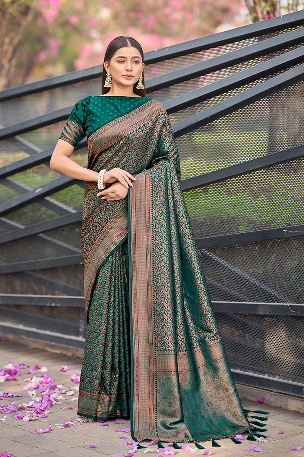 Dark Teal Woven Designer Banarasi Silk Saree