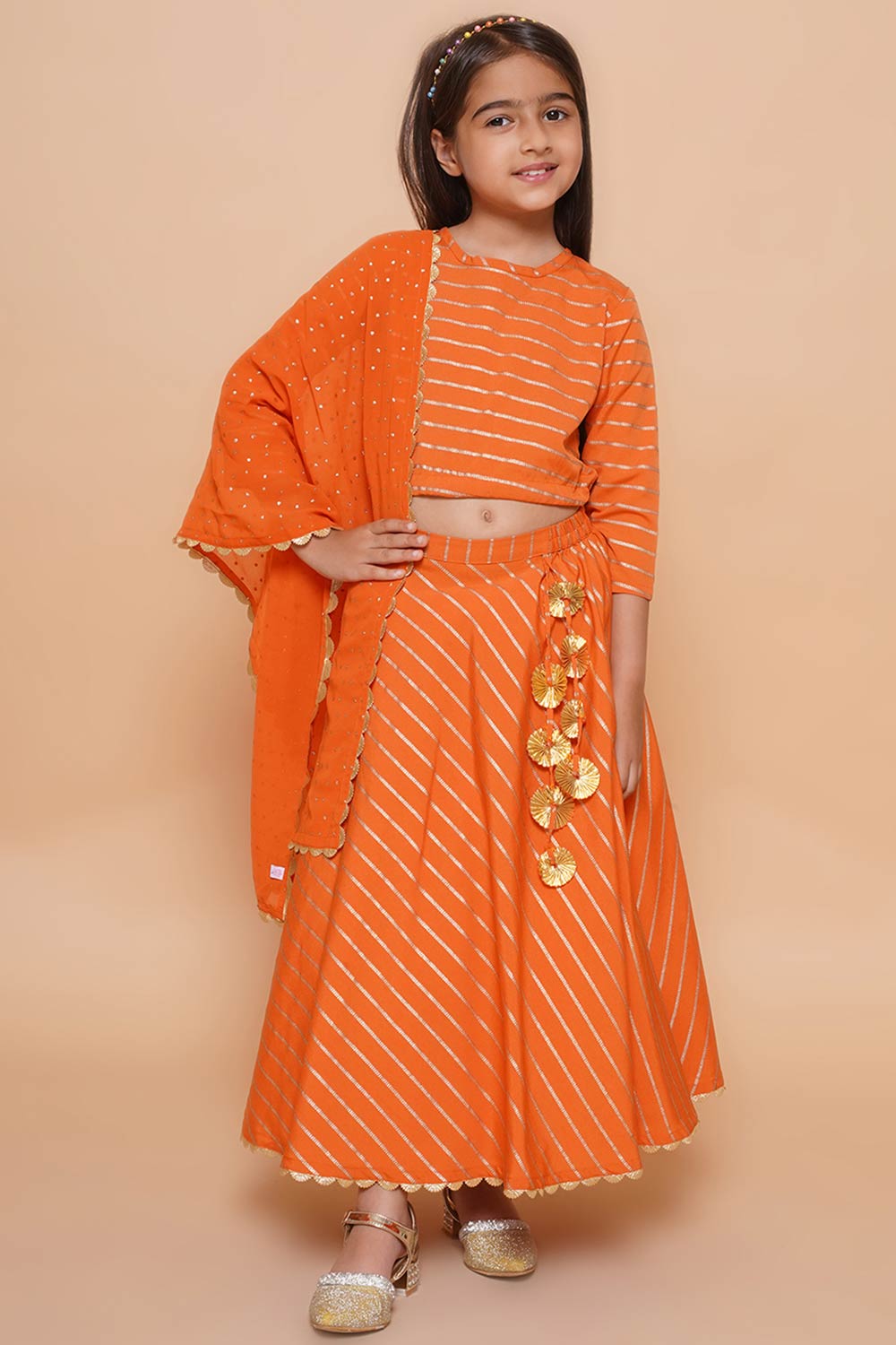 Orange Poly Crepe Printed Curved Round Neck Lehenga Choli