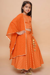 Orange Poly Crepe Printed Curved Round Neck Lehenga Choli