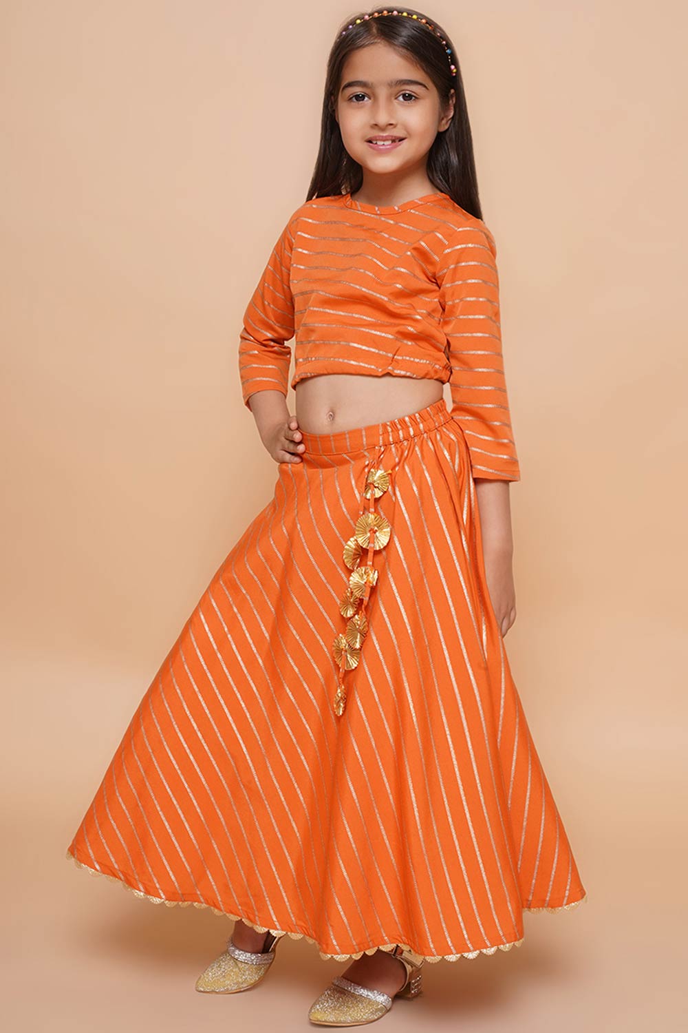 Orange Poly Crepe Printed Curved Round Neck Lehenga Choli