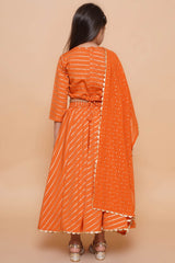 Orange Poly Crepe Printed Curved Round Neck Lehenga Choli