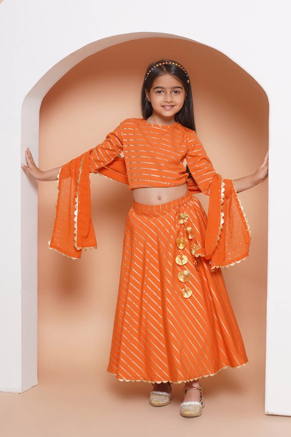 Orange Poly Crepe Printed Curved Round Neck Lehenga Choli