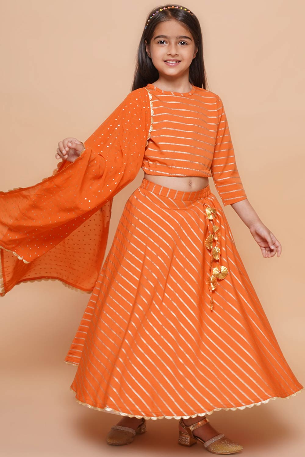 Orange Poly Crepe Printed Curved Round Neck Lehenga Choli