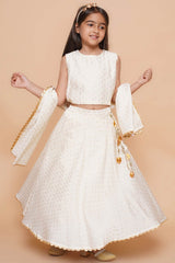 Off White Polyester Printed Flared Round Neck Lehenga Choli