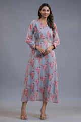 Grey Floral Print Silk Chiffon Dress