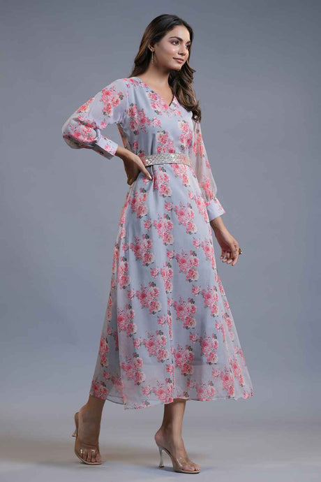 Grey Floral Print Silk Chiffon Dress