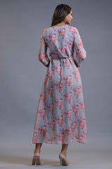 Grey Floral Print Silk Chiffon Dress