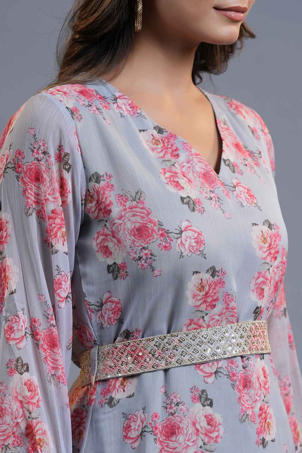 Grey Floral Print Silk Chiffon Dress