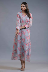 Grey Floral Print Silk Chiffon Dress