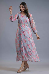 Grey Floral Print Silk Chiffon Dress