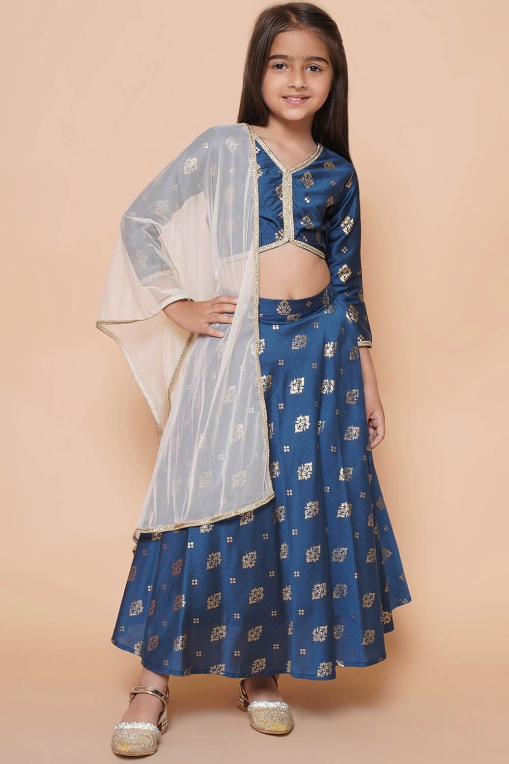 Blue Polyester Printed Curved V-Neck Lehenga Choli