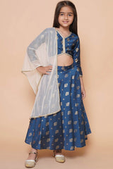 Blue Polyester Printed Curved V-Neck Lehenga Choli