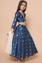 Blue Polyester Printed Curved V-Neck Lehenga Choli