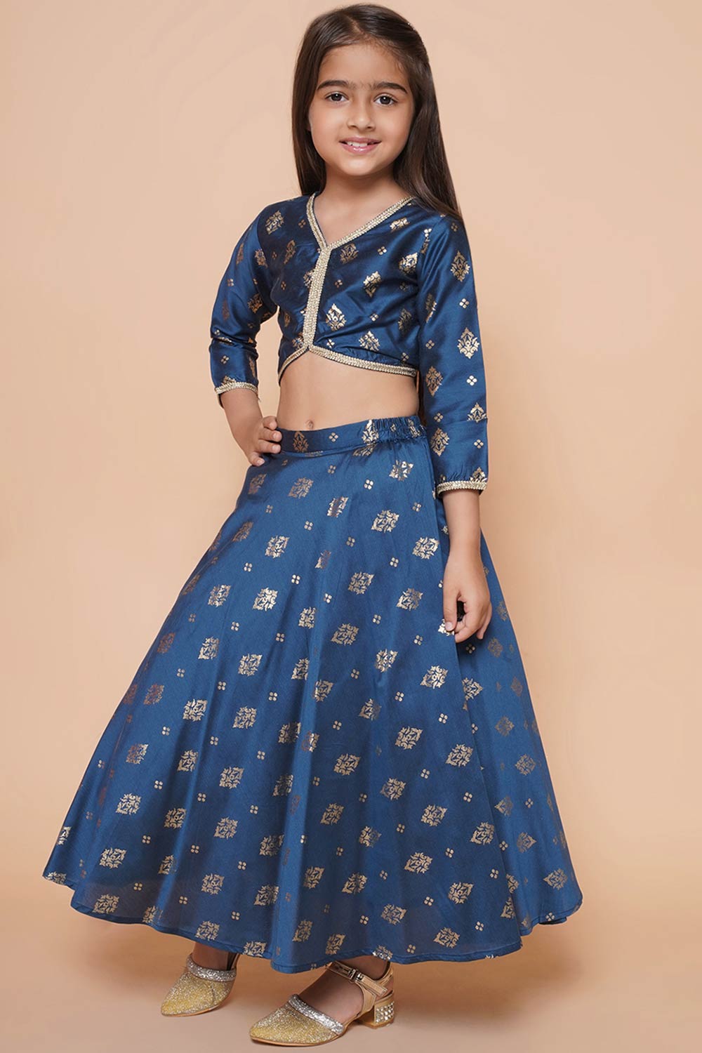 Blue Polyester Printed Curved V-Neck Lehenga Choli