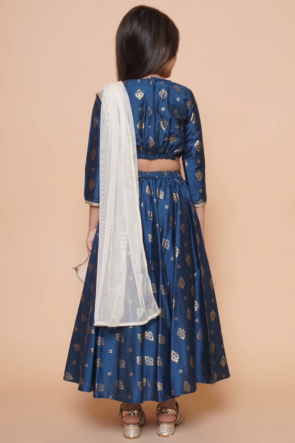 Blue Polyester Printed Curved V-Neck Lehenga Choli