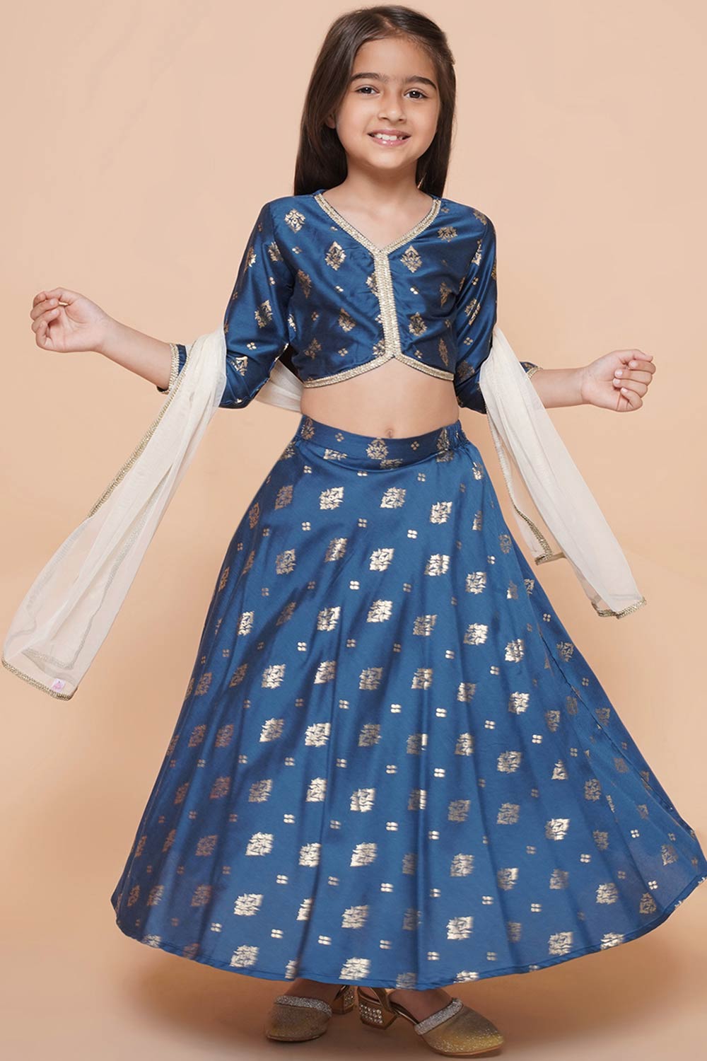 Blue Polyester Printed Curved V-Neck Lehenga Choli