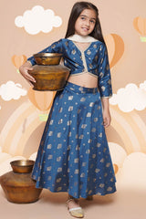 Blue Polyester Printed Curved V-Neck Lehenga Choli