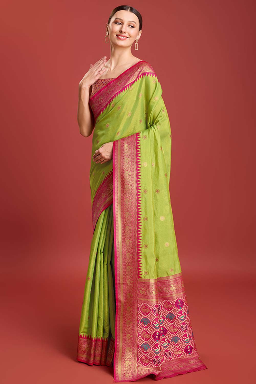 Parrot Green Patola Printed Designer Kanjivaram Silk Saree