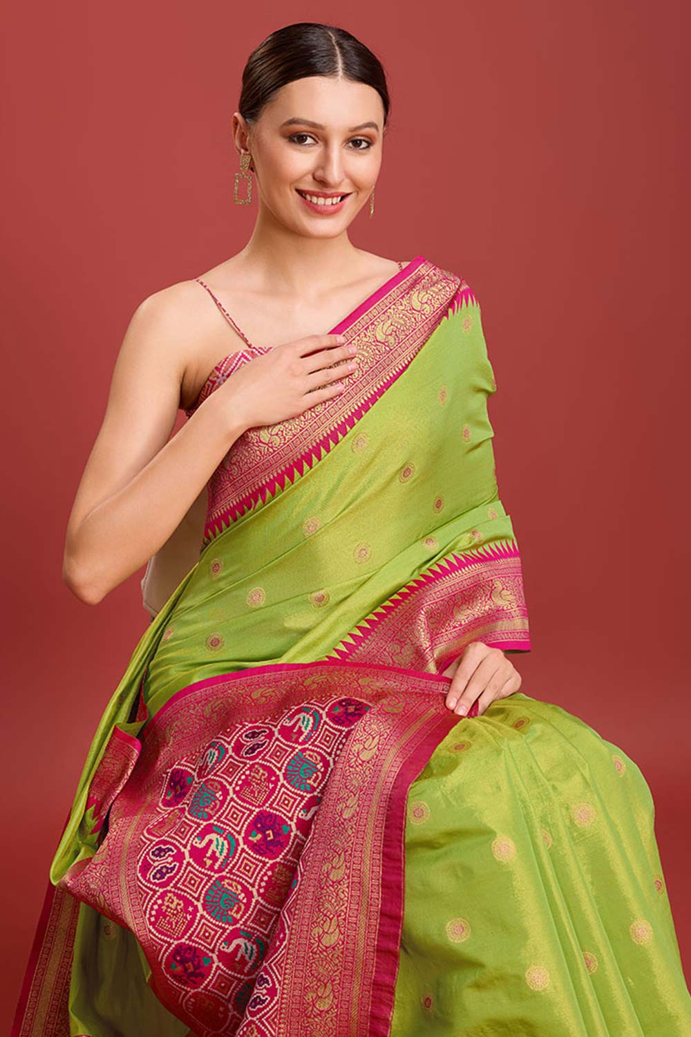 Parrot Green Patola Printed Designer Kanjivaram Silk Saree