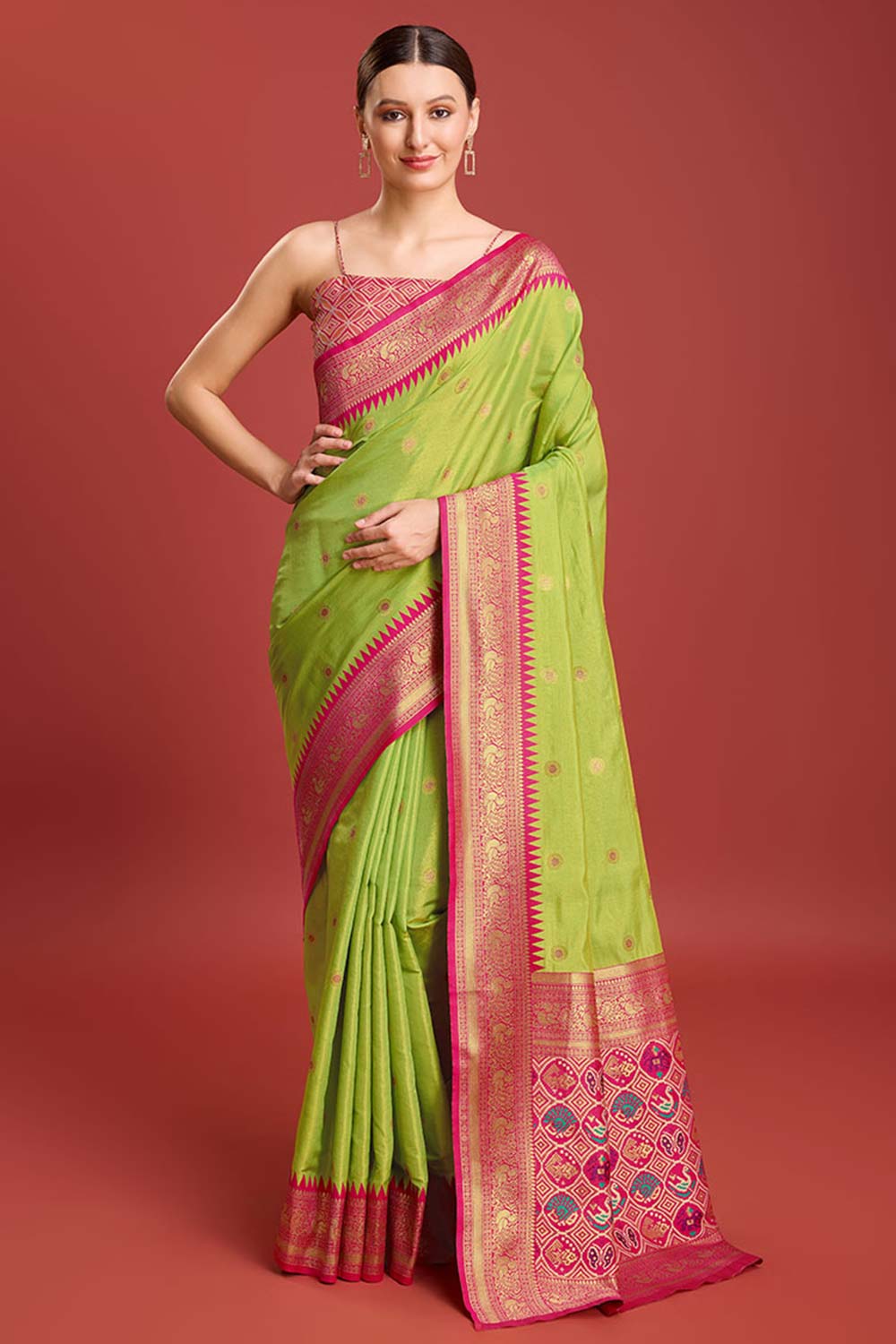 Parrot Green Patola Printed Designer Kanjivaram Silk Saree