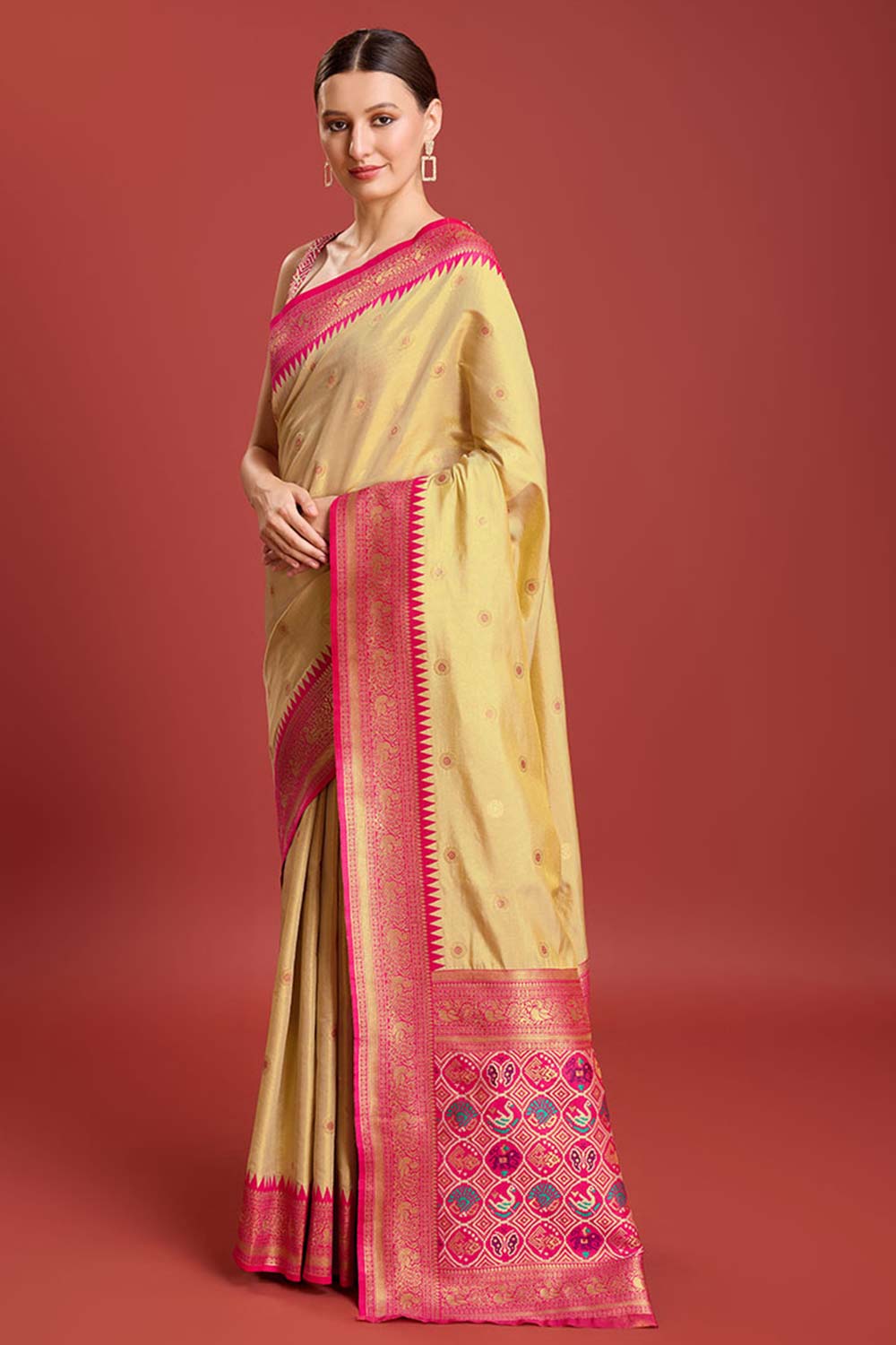 Beige Woven Patola Printed Kanjivaram Silk Saree