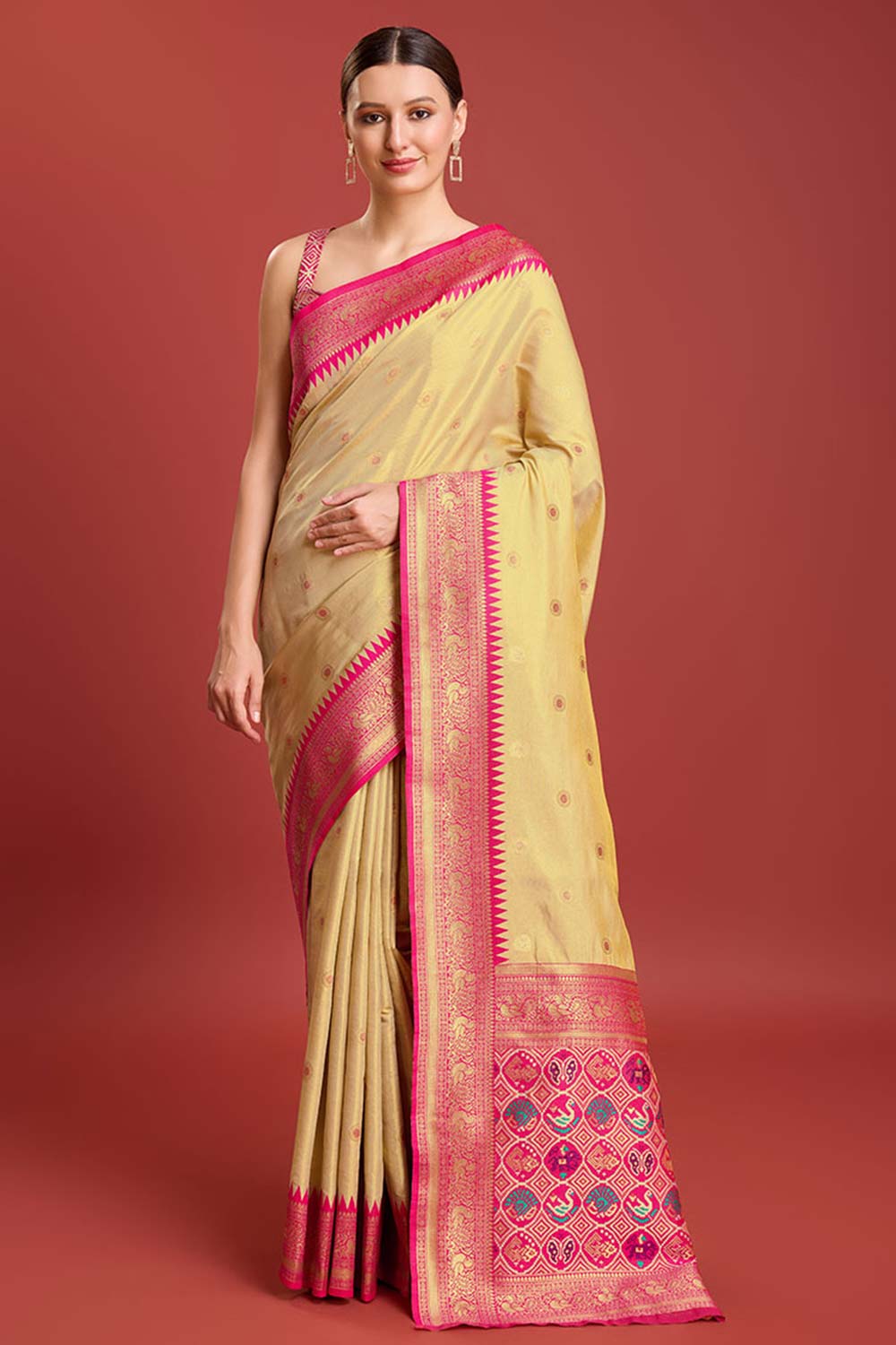 Beige Woven Patola Printed Kanjivaram Silk Saree