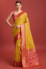 Mustard Patola Printed Designer Kanjivaram Silk Saree