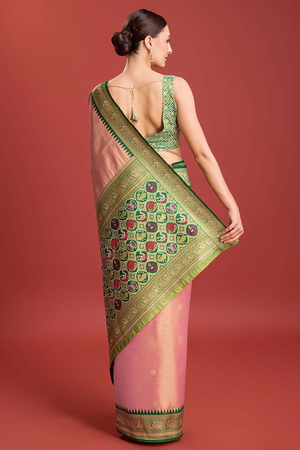 Rose Pink Patola Printed Designer Kanjivaram Silk Saree