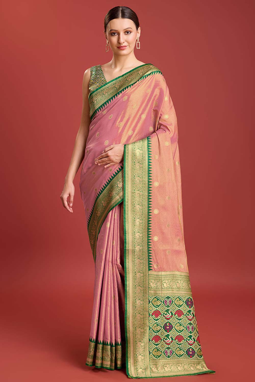 Rose Pink Patola Printed Designer Kanjivaram Silk Saree