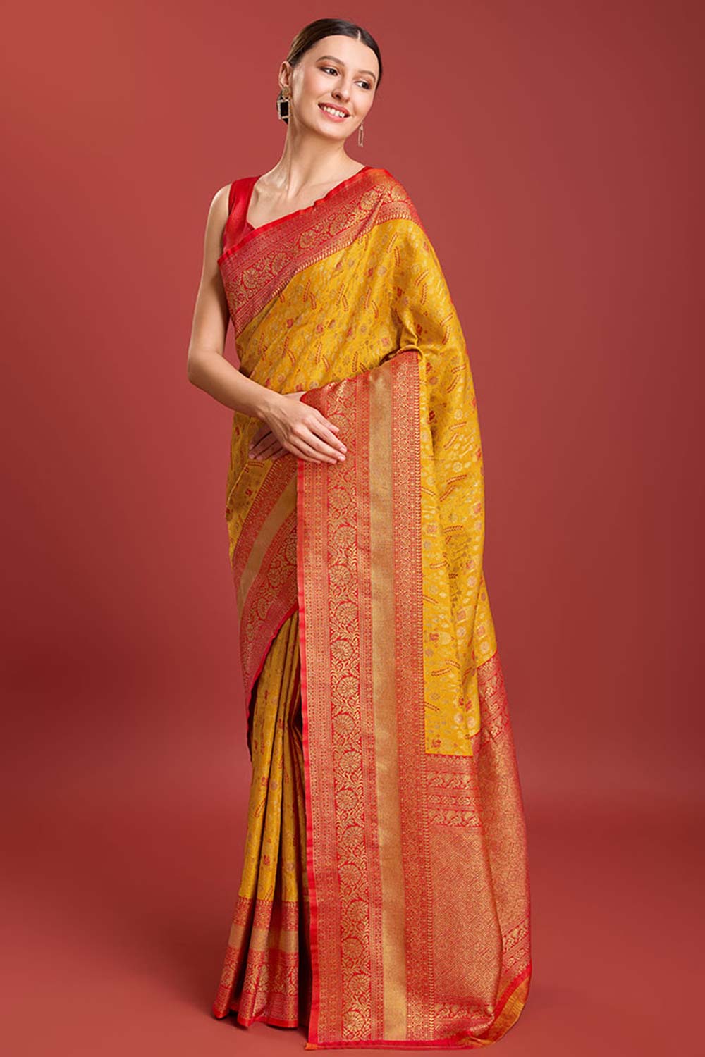 Mustard Kanjivaram Silk Woven Traditional Saree