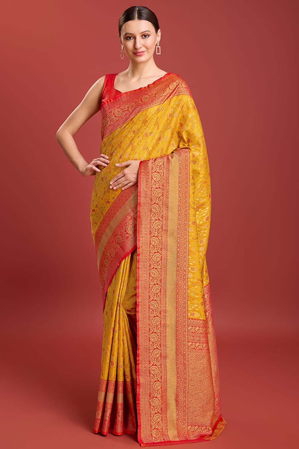 Mustard Kanjivaram Silk Woven Traditional Saree