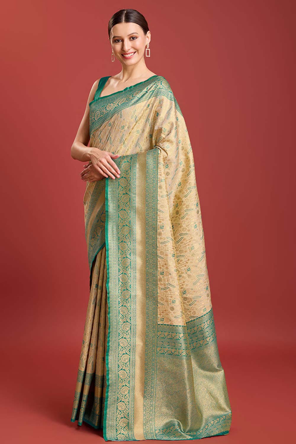 Beige Kanjivaram Silk Woven Traditional Saree