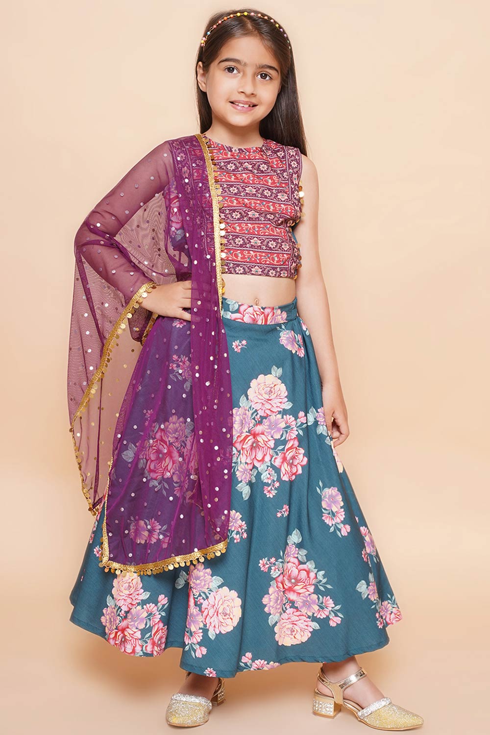 Green Poly Crepe Printed Flared Round Neck Lehenga Choli