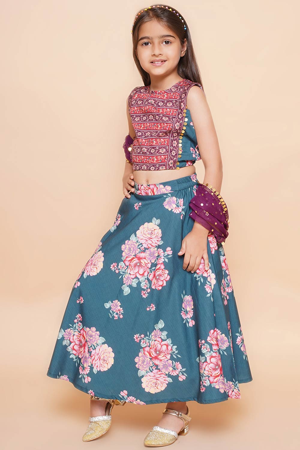 Green Poly Crepe Printed Flared Round Neck Lehenga Choli