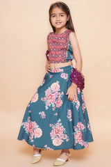 Green Poly Crepe Printed Flared Round Neck Lehenga Choli