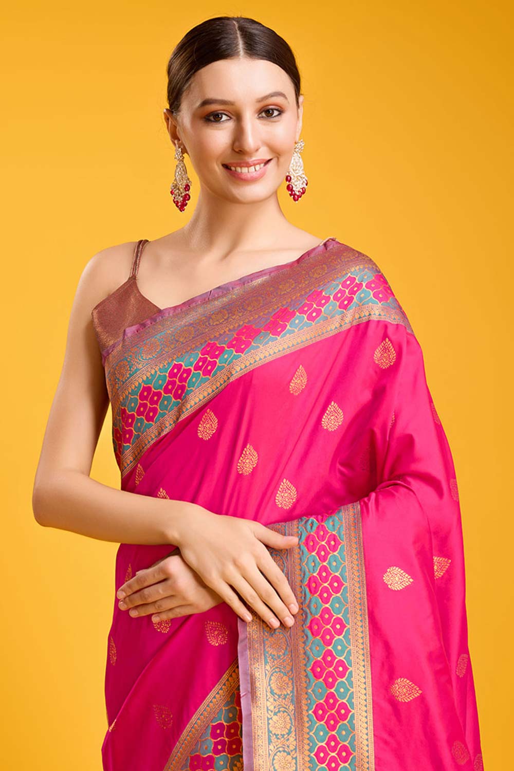 Rani Pink Woven Banarasi Silk Saree For Women