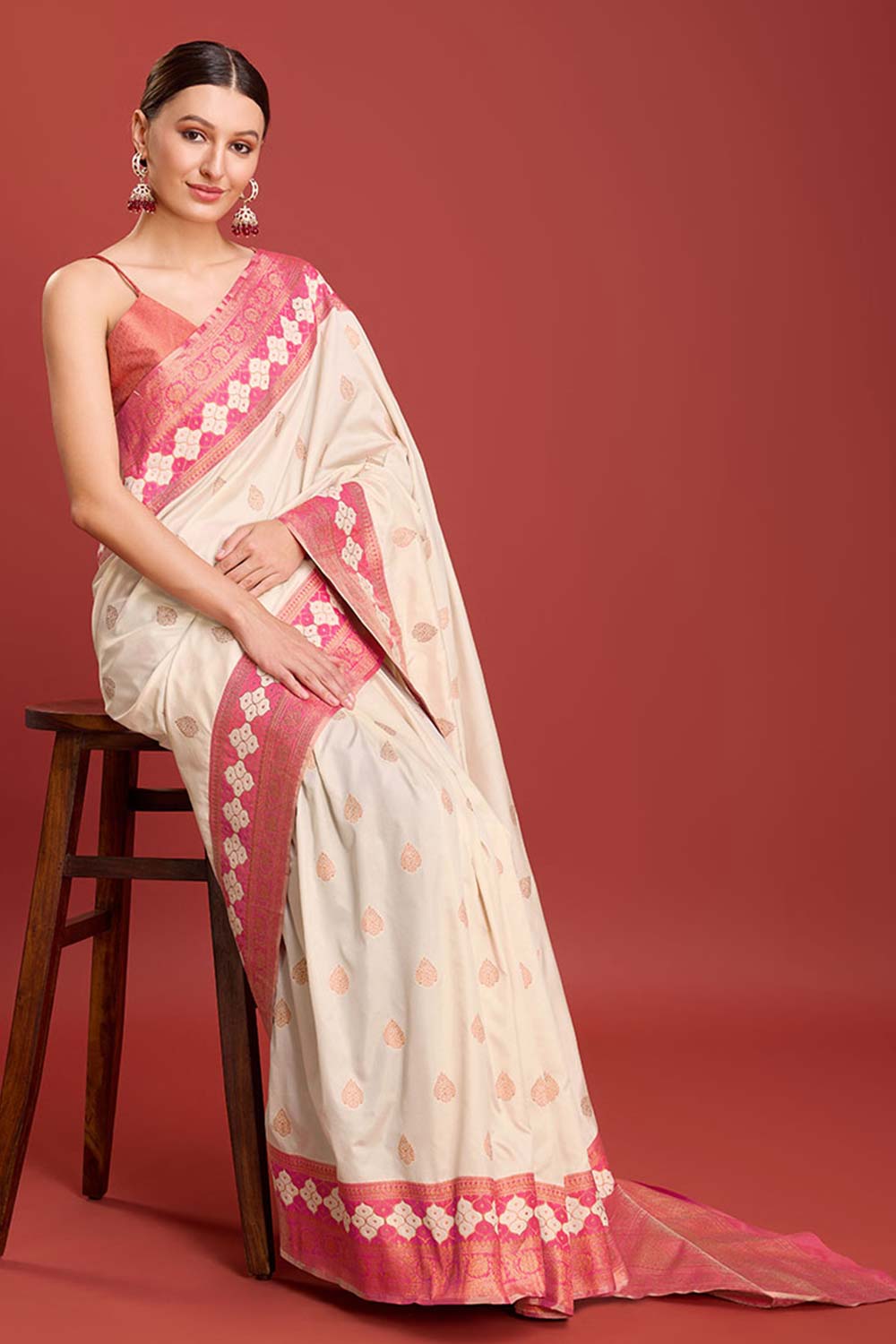 Cream Woven Banarasi Silk Saree For Women