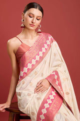 Cream Woven Banarasi Silk Saree For Women