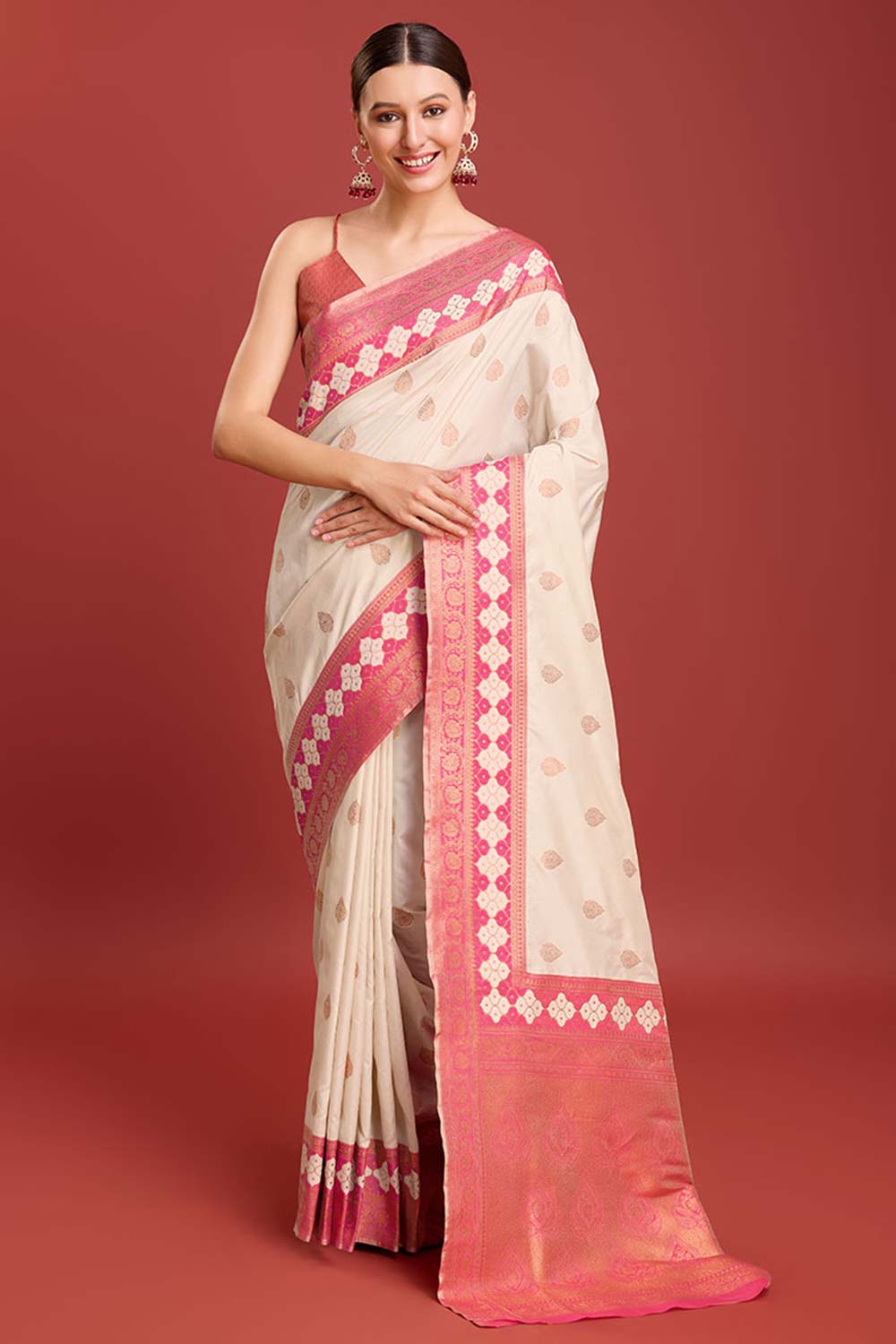 Cream Woven Banarasi Silk Saree For Women