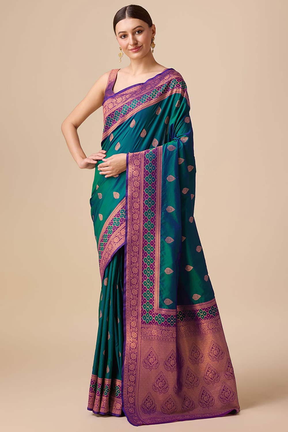 Dark Teal Woven Banarasi Silk Saree For Women