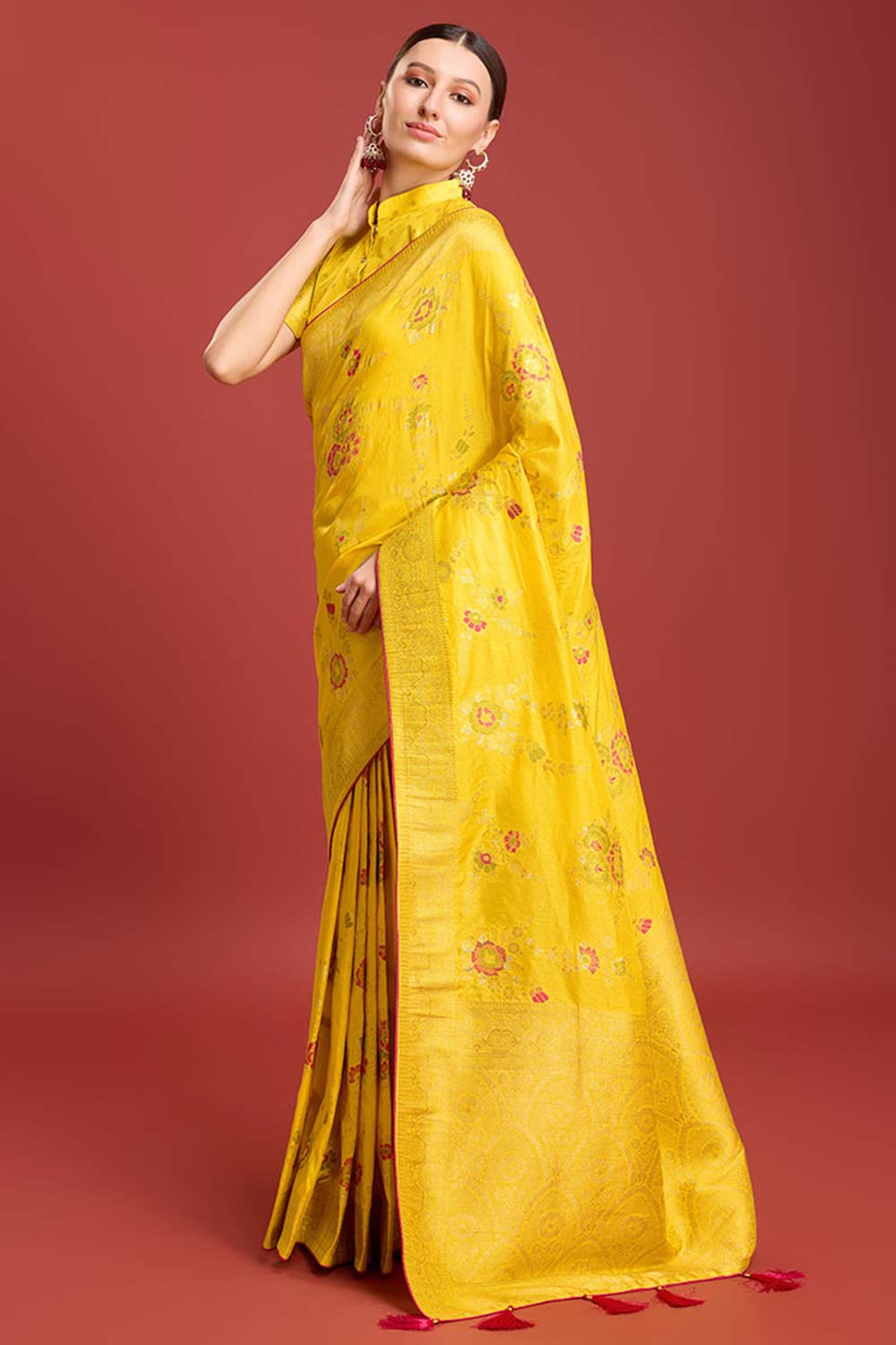 Yellow Woven Banarasi Viscose Silk Saree For Women
