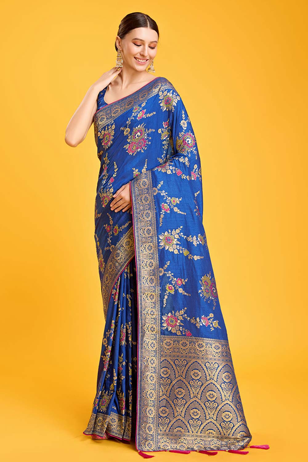 Blue Woven Banarasi Viscose Silk Saree For Women