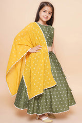 Olive Silk Blend Printed Flared Round Neck Lehenga Choli